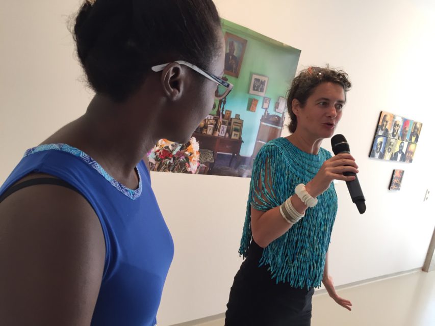 Curators Robinah Nansubuga (UG) and Andrea Stultiens (NL) at the opening of 'Simuda Nyuma – Forward Ever Backward Never' at Framer Framed, Amsterdam